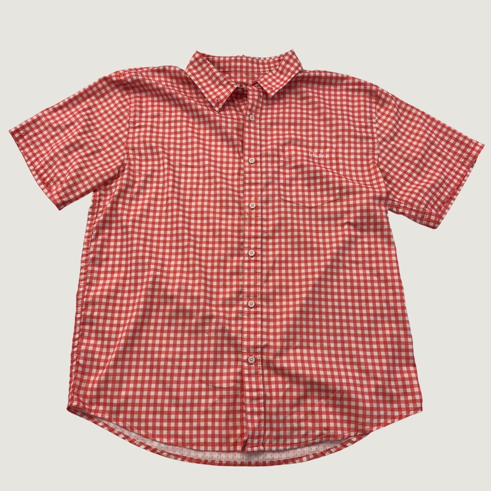 Huk Fishing Shirt Mens Large Red White Gingham Performance Short Sleeve Button